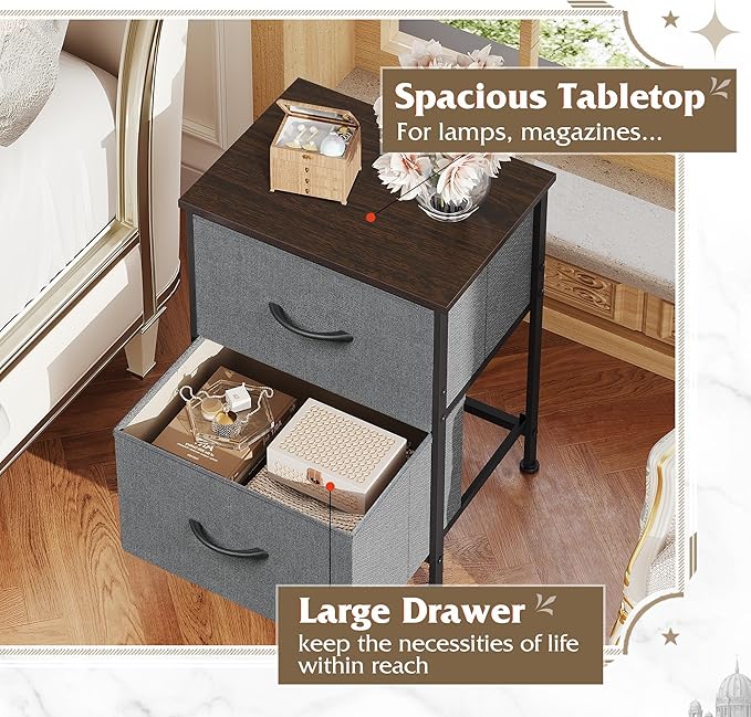 WLIVE Night Stand Set 2, Dresser and Nightstand Sets, Small Dresser for Bedroom with 2 Drawers, End Table with Fabric Bins for Closet, Bedside Furniture, College Dorm, Dark Grey