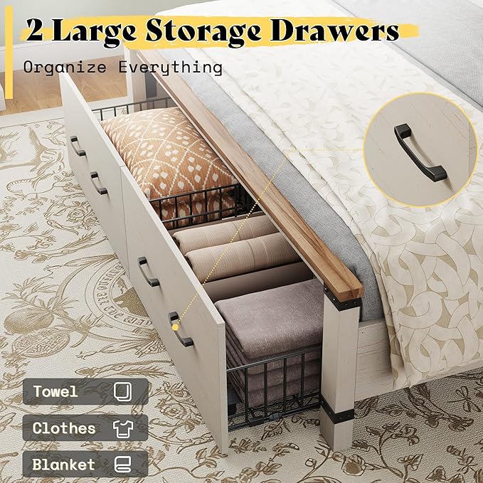 AMERLIFE 2 Pieces Farmhouse Bedroom Set, Includes Wood Rustic Full Size Bed Frame with 54" Tall Headboard, 48" Tall 5 Drawers Dresser Chest, Heavy Duty Thick Plank Styling, Antique White