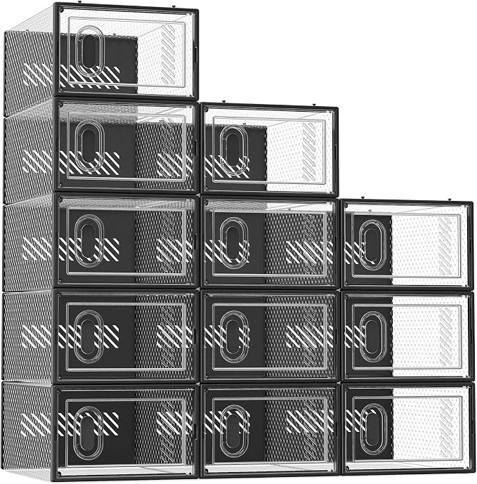 SIMPDIY Shoe Storage, 12 Pack Shoe Organizer for Closet, Shoe Boxes Clear Plastic Stackable Shoe Containers with Lids for Size 10, Black by DecorateYourHome