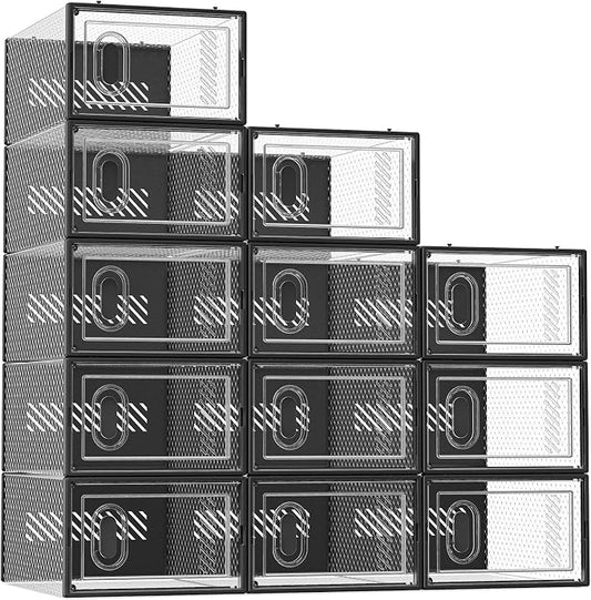 SIMPDIY Shoe Storage, 12 Pack Shoe Organizer for Closet, Shoe Boxes Clear Plastic Stackable Shoe Containers with Lids for Size 10, Black by DecorateYourHome