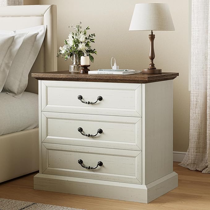 Huuger Nightstand with Charging Station, 3 Drawer Night Stand Set of 2, 22 Inch Wider Side Table with Storage, Farmhouse Nightstand with Vintage Handles, Thicken Base, for Bedroom, Distressed White