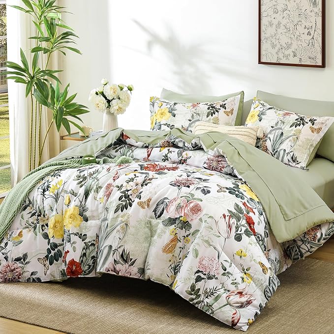 WONGS BEDDING Sage Green Comforter Set Full,7 Pieces Floral Comforter Set for All Seasons,Bed in a Bag Full with Botanical Flowers Comforter, Sheets, Pillowcases & Shams