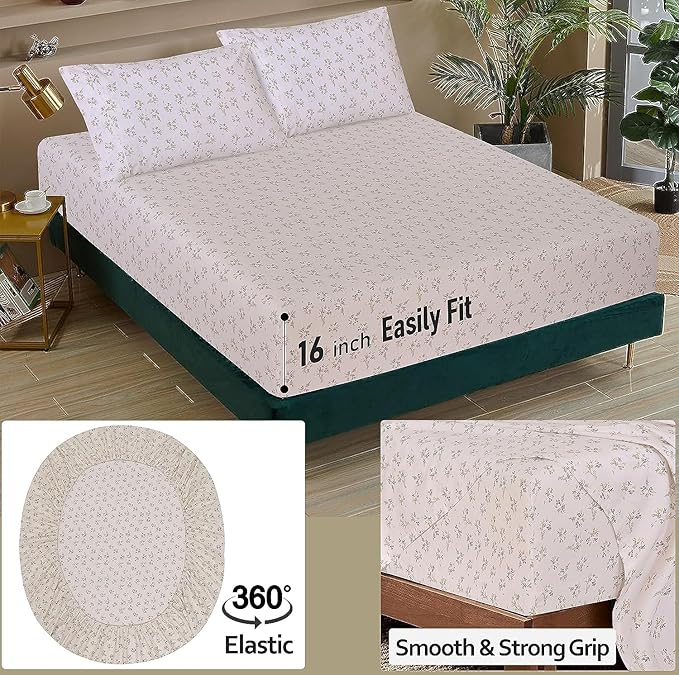 RUVANTI 100% Cotton Sheets – Split King Size Percale Bedding, Cooling & Breathable Floral Design, Durable with a Crisp, Soft & Comfortable Feel, 16" Deep Pocket, 5-Piece Set, Twin Spring