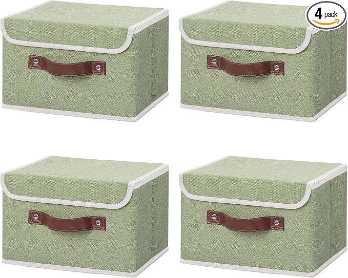 ANMINY 4PCS Storage Bins with Lid PU Leather Handles Storage Boxes PP Plastic Board Decorative Foldable Lidded Cotton Linen Fabric Home Cubes Baskets Closet Organizer Containers - Green, Small Size by ANMINY