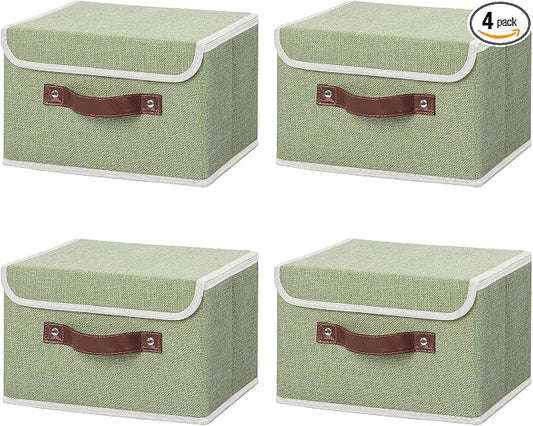 ANMINY 4PCS Storage Bins with Lid PU Leather Handles Storage Boxes PP Plastic Board Decorative Foldable Lidded Cotton Linen Fabric Home Cubes Baskets Closet Organizer Containers - Green, Small Size by ANMINY