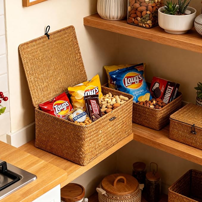 Nonam Seagrass Storage Large Basket with Lid,Wicker Basket Storage Bin with Lid for Shelves,Boho Decor,Handwoven Shelf Basket for Organizing-Storage Container Box for Home Organization-Natural - Image 8