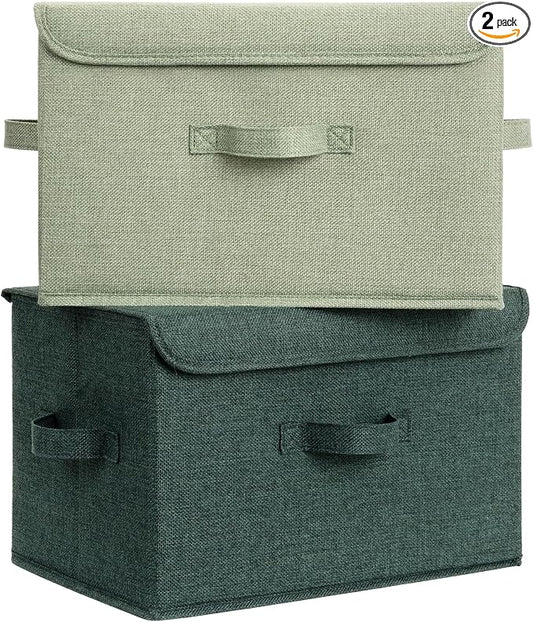 GRANNY SAYS Stoarge Basket with Lid, Decorative Storage Boxes, Closet Storage Bins for Clothes, Collapsible Stackable Organization, Sage Green&Dark Green, 2-Pack by GRANNYSAYS