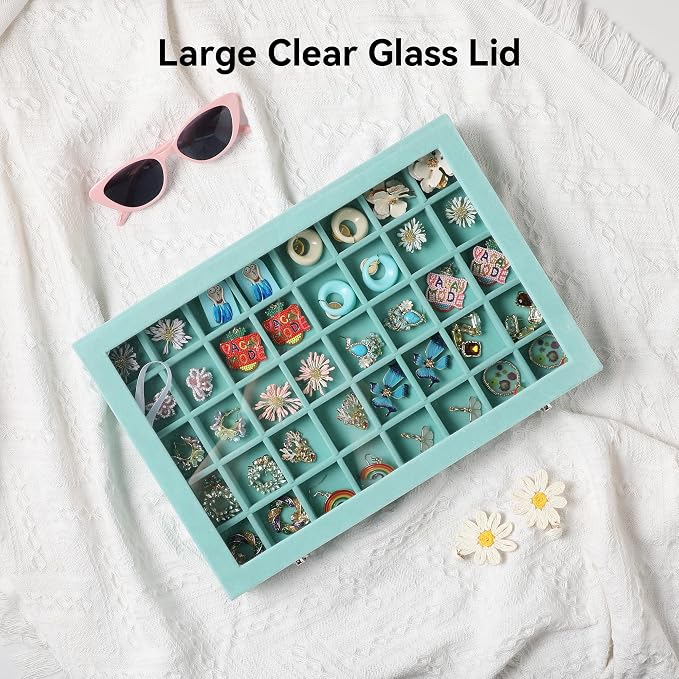 Frebeauty 40 Grid Jewelry Tray,Adjustable Earring Holder Organizer with Glass Lid,Velvet Drawer Jewelry Organizer for Rings,Studs,13.8 x 9.5 x 2 Inches Jewelry Display Box,Gift for Women(Turquoise) - Image 7