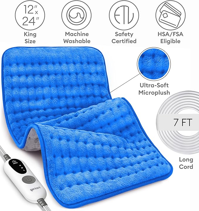GENIANI Electric Heating Pad for Back Pain & Cramps Relief, Electric Throw, Auto Shut Off, Machine Washable, Moist Heat Pad for Neck & Shoulder - Mother’s Day Gifts, 12x24 Electric Blue