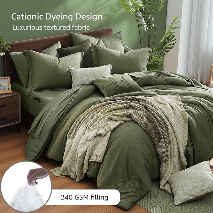 Monbix Twin XL Comforter Set Olive Green, Cationic Dyeing Bedding Set Reversible 5 Pieces, All Season Bed in a Bag with Comforter, Sheets, Pillowcase & Sham