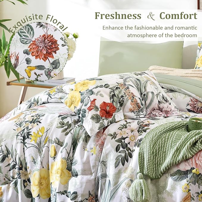 WONGS BEDDING Sage Green Comforter Set Queen,7 Pieces Floral Comforter Set for All Seasons,Bed in a Bag Queen with Botanical Flowers Comforter, Sheets, Pillowcases & Shams