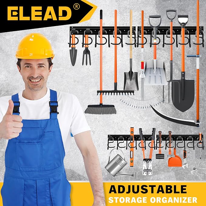 ELEAD 68'' All Metal Adjustable Garden Tool Organizer: Garage Tool Organizer Wall Mount with Black Hooks, Garage Organizers and Storage, Tool Hangers for Shed - Image 8
