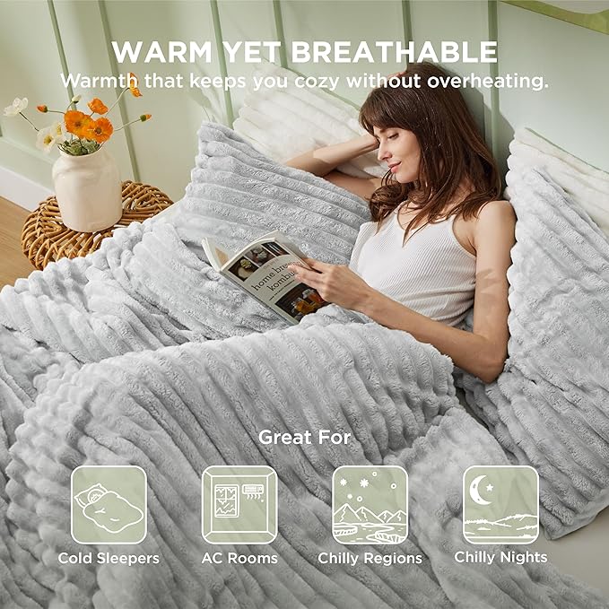 Bedsure Twin/Twin XL Size Comforter - GentleSoft™ 2 Pieces Double-Side Fleece Fluffy Light Grey Comforter Set, Cozy Striped Room Decor Aesthetic Luxury Twin Bedding Sets, 1 Pillowcase, 68x88 Inches