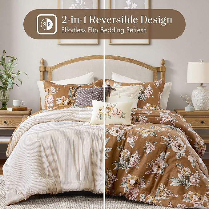 Madison Park Vintage Floral Reversible Comforters King Size Bed, All Season, Down Alternative Bedding Comforter, Bedskirt, Pillows, Shams, Salara, Queen Terracotta 7 Piece | Reversible