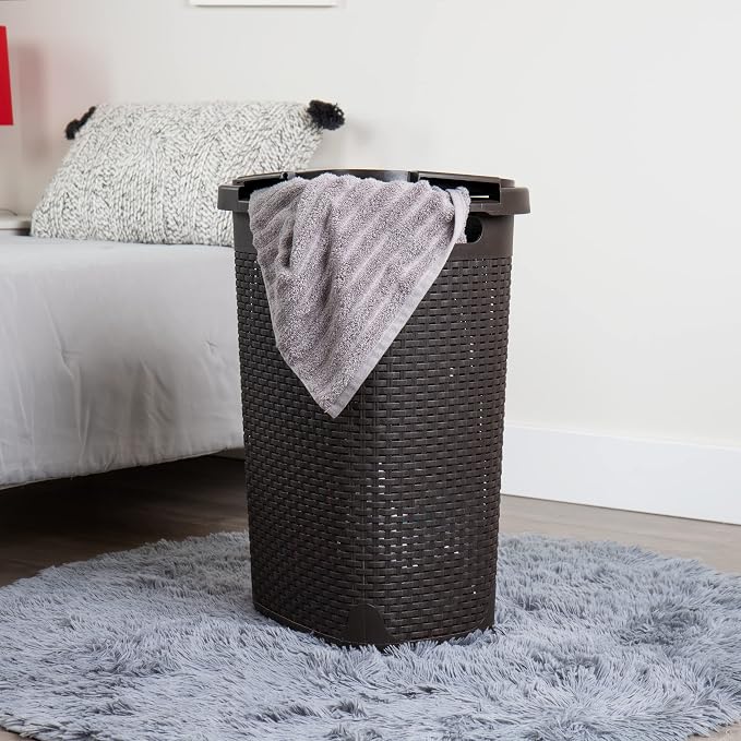 Mind Reader Slim Laundry Hamper with Lid, 60L Tall Clothes Basket, Narrow Tapered Design for Bathrooms, Closets and Laundry Rooms, Plastic, 2 Pack, Brown - Image 2