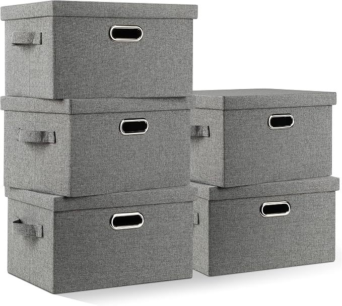 Graciadeco Medium 15" 21 Quart Collapsible Stackable Storage Bins with Lids, 5 Packs Grey Foldable Fabric Closet Boxes Heavy-duty Linen Cube Baskets Container for Bedroom Office (15 x 11 x 8) by GraciadecoStorage