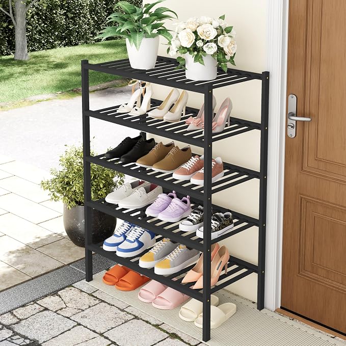Smiry Shoe Rack, 5 Tier Thick Bamboo Shoe Organizer, Stackable Free Standing Wooden Shoe Storage Shelf for Closet, Entryway, Front Door Entrance, Black - Image 7