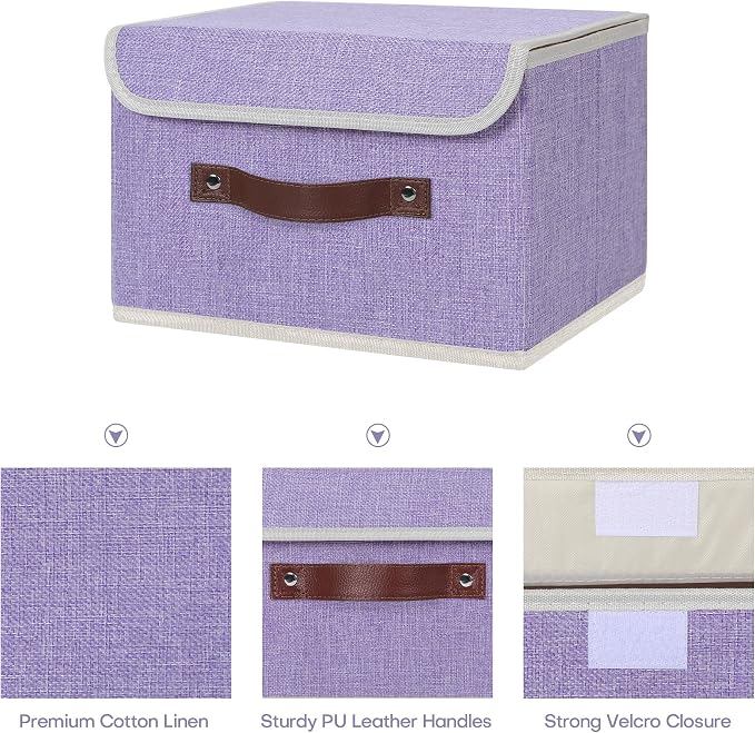 ANMINY Storage Bin with Lid Storage Boxes with PU Leather Handles PP Plastic Board Decorative Foldable Lidded Cotton Linen Fabric Home Cubes Baskets Closet Organizer Container - Purple, Small Size - Image 3