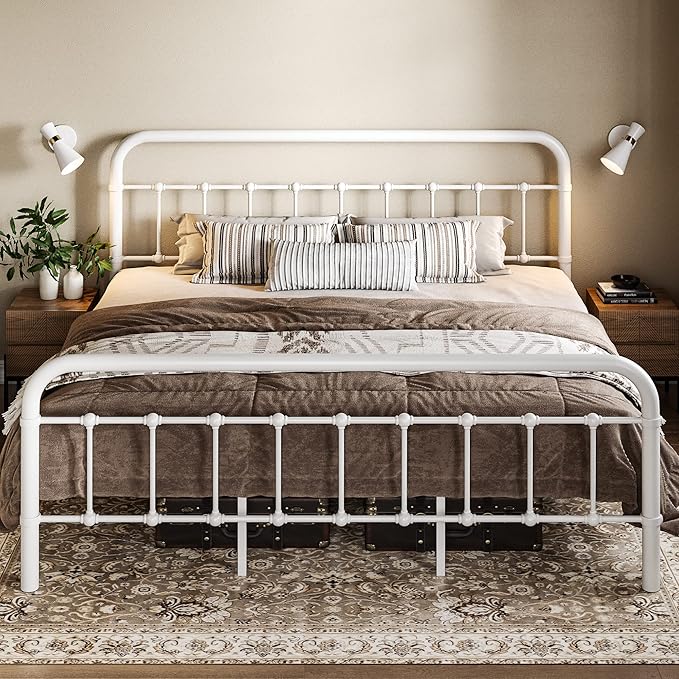 Allewie King Size Metal Platform Bed Frame with Victorian Style Wrought Iron-Art Headboard/Footboard, No Box Spring Required, White