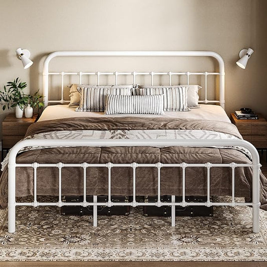 Allewie King Size Metal Platform Bed Frame with Victorian Style Wrought Iron-Art Headboard/Footboard, No Box Spring Required, White