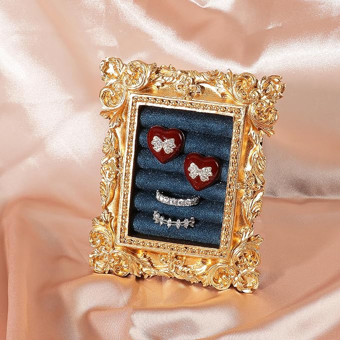 Vintage Ring Holder Rectangle Gold Velvet Display Stand - Baroque Jewelry Organizer Box Tray for Wedding Engagement Anniversary Women Birthday Christmas Gift Photograph Prop (MPF05-Gold Blue) - Image 7