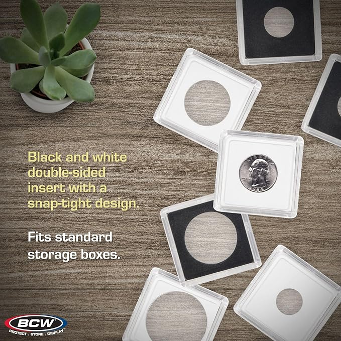 BCW 2x2 Coin Snap - 25 ct Dime Holder | Archival Safe Coin Protector | Crystal Clear Polystyrene Coin Display Case | Ideal for US Roosevelt, Barber, and Mercury Dimes | Coin Holders for Collectors