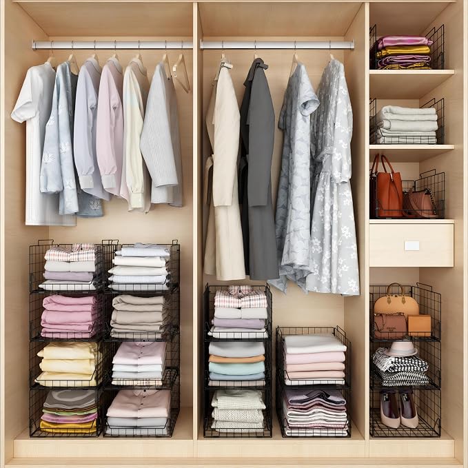 Jakyitvi Stackable Closet Organizers and Storage Bins 4 Pack, Sturdy Metal Clothes Storage Container for Clothes Pants Sweaters, Black Folded Drawer Shelf Organizer for Closet Wardrobe - Image 5