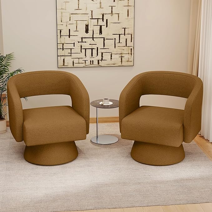 Nebuaegis Swivel Accent Chair Set of 4, Modern Comfy Teddy Barrel Chairs, Oversized Upholstered Round Arm Chair for Living Room, Bedroom, Reading Room, Brown