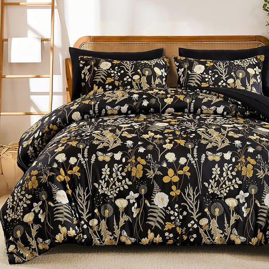 Yiran King Size Comforter Set, 7 Pieces Black Floral Soft Bedding Sets, King Bed in a Bag Brown Botanical Flowers Winter Comforter, Sheets, Pillowcases & Shams