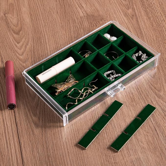 Frebeauty Acrylic Jewelry Organizer Earring Organizer Box with 5 Drawers Earring Holder Organizer with Velvet Trays Clear Jewelry Box for Women Earring Display for Rings Studs(Blackish Green) - Image 6