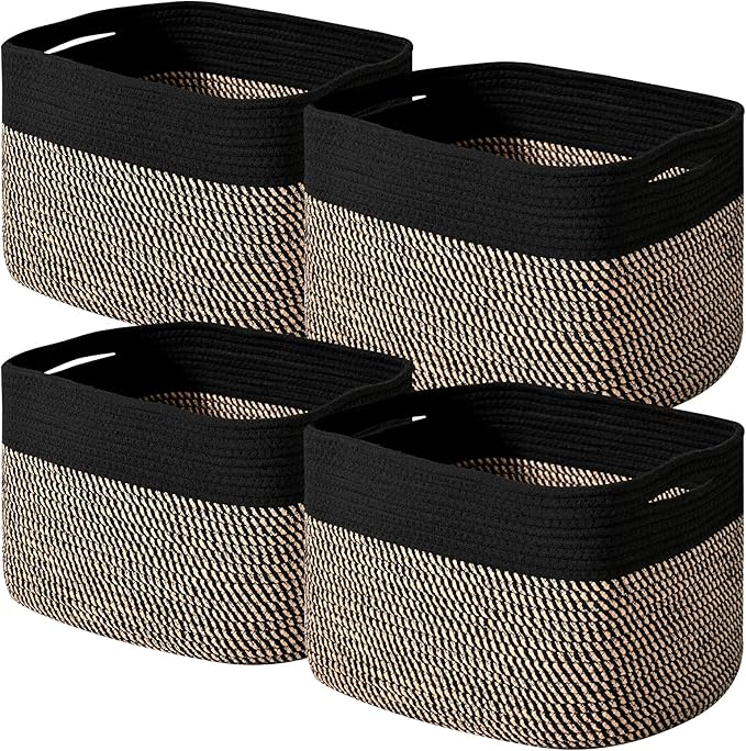 ICERZCZ Storage Baskets for Shelves Organizing, Woven Cotton Rope Baskets for Storage, Book Basket, Decorative Shelf Basket, 12.5"Lx9.1''Wx7.9''H (4 Packs) Black & Jute by ICERZCZ