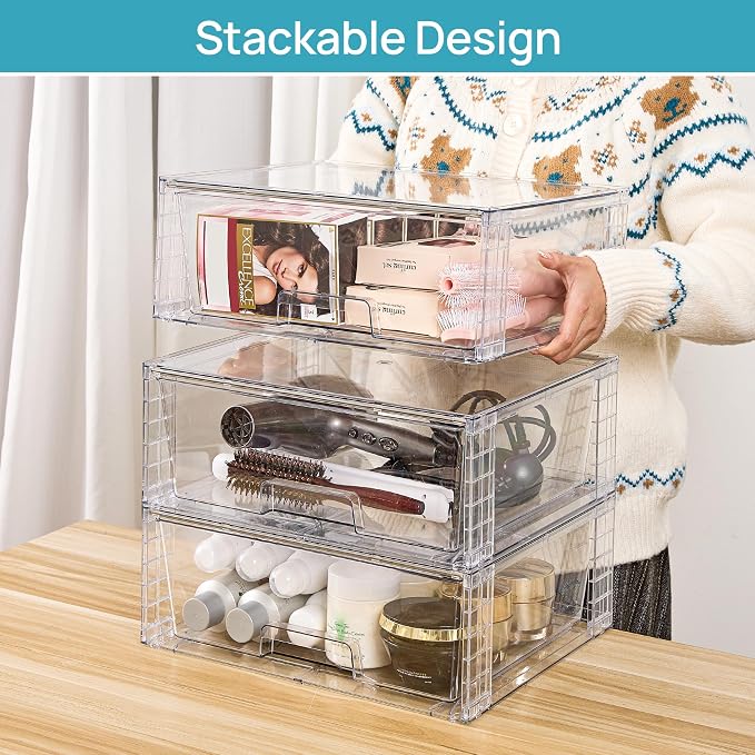 Vtopmart 4 Pack Large Stackable Storage Drawers,Easily Assemble Clear Acrylic Bathroom Closet Undersink Organizers,Plastic Storage Bins for Cabinet,Kitchen Pantry,Medicine Organization - Image 7