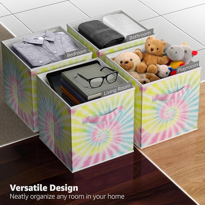 Sorbus 11 Inch Fabric Storage Cubes - Sturdy Collapsible Storage Bins & Handle - 6 Foldable Baskets for Organizing Clothes - Multi Colored Storage Baskets for Shelves (Light Tie-dye, 11 Inch) - Image 5
