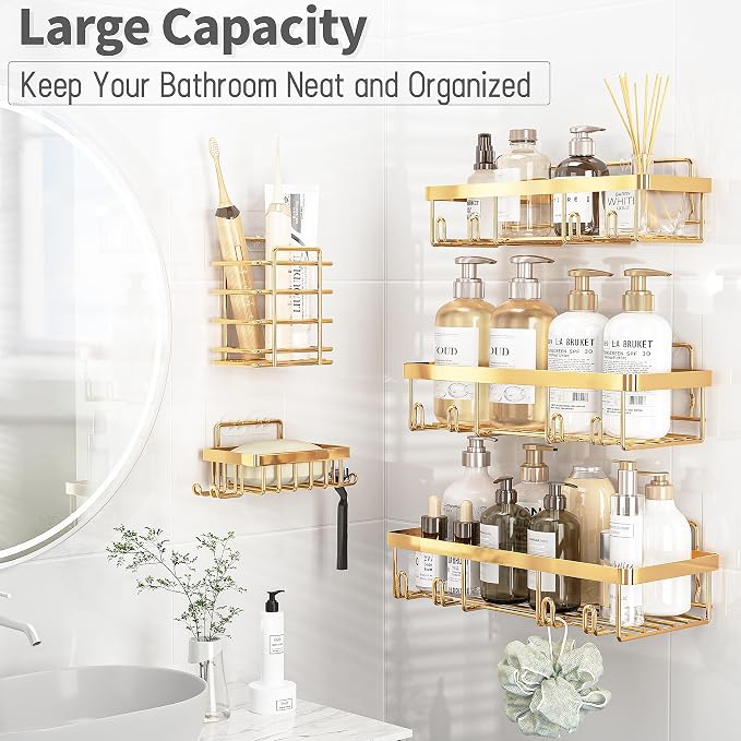 Liuoud 5 Pack Shower Caddy Organizer Rack Shelf for Inside Shower, Self Adhesive Wall Storage Basket Rustproof Stainless Steel Shampoo Holder Bathroom Accessory Decor Set, Gold - Image 3
