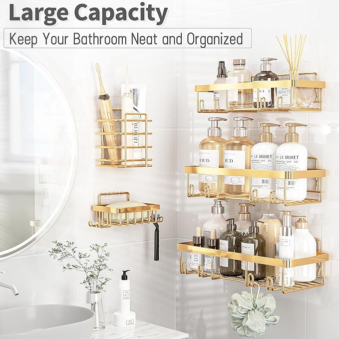 Liuoud 10 Pack Shower Caddy Organizer Rack Shelf for Inside Shower, Self Adhesive Wall Storage Basket Rustproof Stainless Steel Shampoo Holder Bathroom Accessory Decor Set, Gold - Image 3
