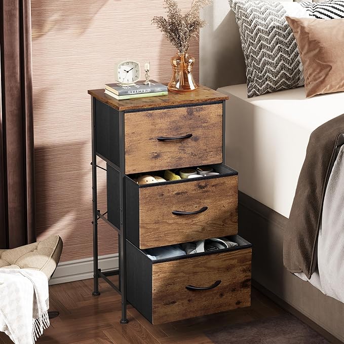WLIVE Dresser with 3 Drawers, Fabric Nightstand, Organizer Storage Dresser for Bedroom, Hallway, Entryway, Closets, Sturdy Steel Frame, Wood Top, Easy Pull Handle, Rustic Brown Wood Grain Print