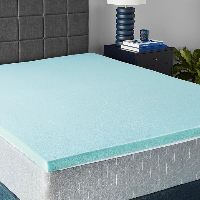 Amazon Basics Queen Cooling Gel-Infused Memory Foam Mattress Topper for Better Sleep, CertiPUR-US Certified, 2 inches, Blue