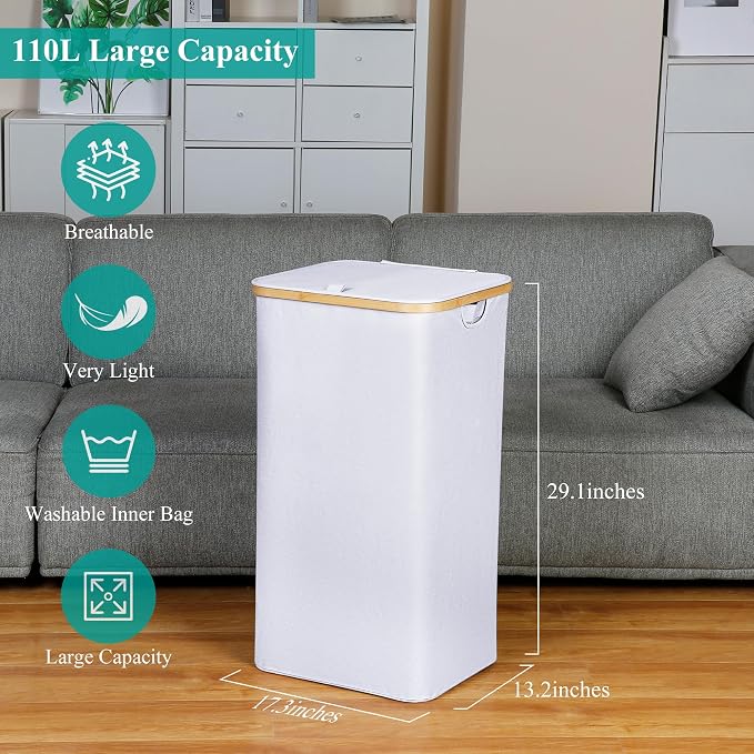 iEGrow 110L Laundry Hamper with Lid，Dirty Clothes Hampers for Laundry,Laundry Basket with Bamboo Handles and Removable Bag,Hamper for Bedroom, Bathroom, Dorm, Laundry Room, White - Image 3