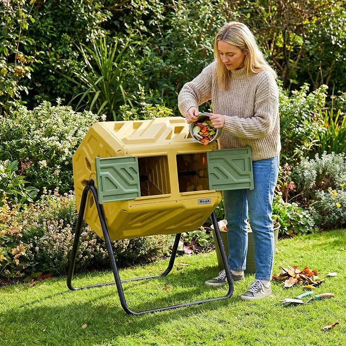 Werph Updated 43 Gallon Dual-Chamber Compost Bin, Fast Assembly Outdoor Compost Tumbler, Rotating Batch Composter Bin with Gloves for Garden, Kitchen, and Yard - Image 2