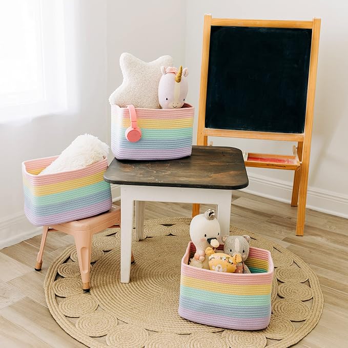 OrganiHaus Pastel Rainbow Basket - Colorful Woven Storage Basket for Playroom, Nursery & Classroom Decor & Toy Storage, 15x9x10 - Image 4