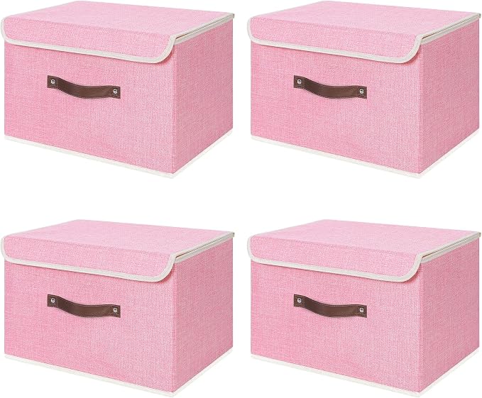 ANMINY 4PCS Storage Bins with Lid PU Leather Handles Storage Boxes PP Plastic Board Decorative Foldable Lidded Cotton Linen Fabric Home Cubes Baskets Closet Organizer Containers - Pink, Large Size by ANMINY