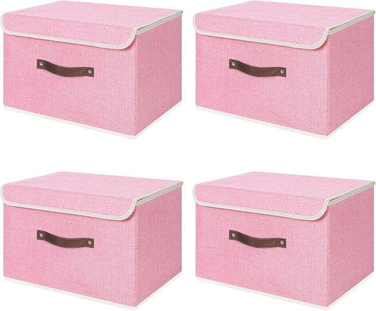ANMINY 4PCS Storage Bins with Lid PU Leather Handles Storage Boxes PP Plastic Board Decorative Foldable Lidded Cotton Linen Fabric Home Cubes Baskets Closet Organizer Containers - Pink, Large Size by ANMINY