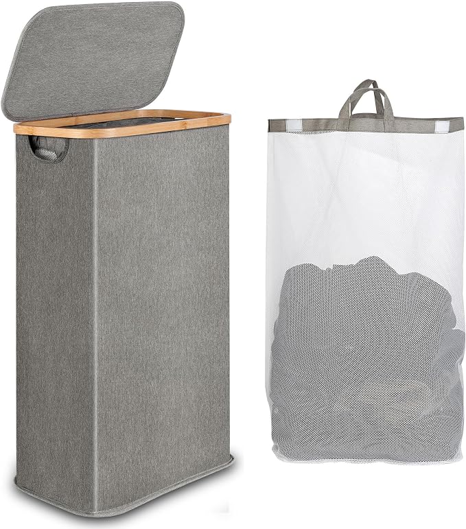 iEGrow 65L Slim Laundry Hamper, Narrow Laundry Basket with Lid,Foldable Clothes Hamper with Bamboo Handles,Hamper Basket with Removable Inner Bag for Laundry Room Bedroom College Dorm,17.17 Gals Grey by iEGrow