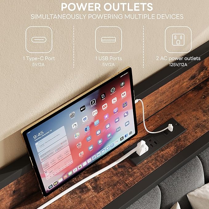 LIKIMIO Full Bed Frame, Storage Headboard with Charging Station, Solid and Stable, Noise Free, No Box Spring Needed, Easy Assembly