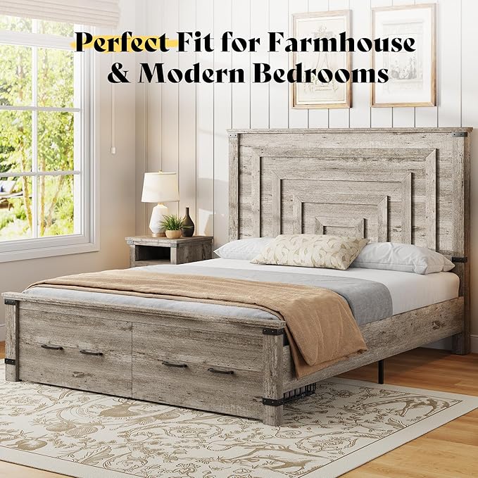 AMERLIFE 5 Pieces Farmhouse Bedroom Set, Includes Rustic Full Bed Frame with 54" Tall Headboard, 6 Drawer Dresser, 5 Drawer Tall Chest, Nightstands Set of 2 with Charging Station, Rustic Grey