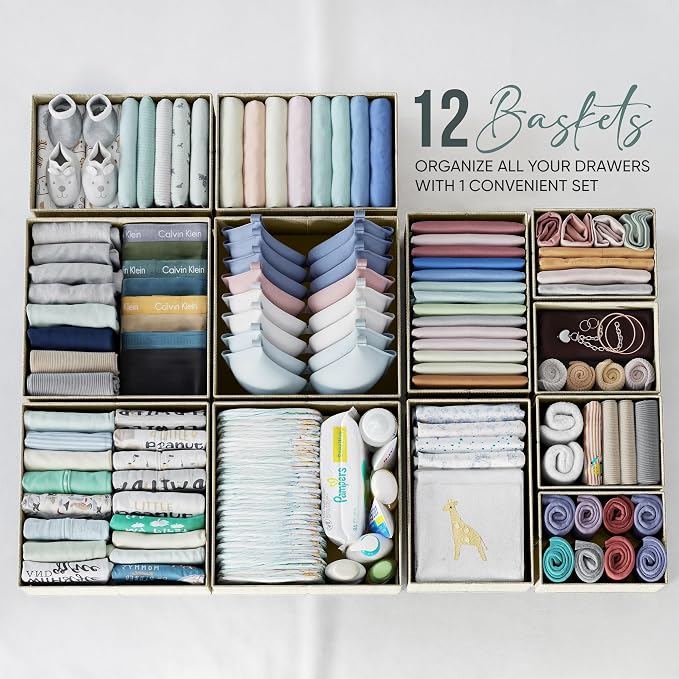 Drawer Organizer Clothes Set of 12 Beige - Dresser Organizer For Nursery, Bedroom, Closet - The Perfect Baby Clothes Organizers and Storage & General Nursery Organization or Dresser Drawer Organizers - Image 3