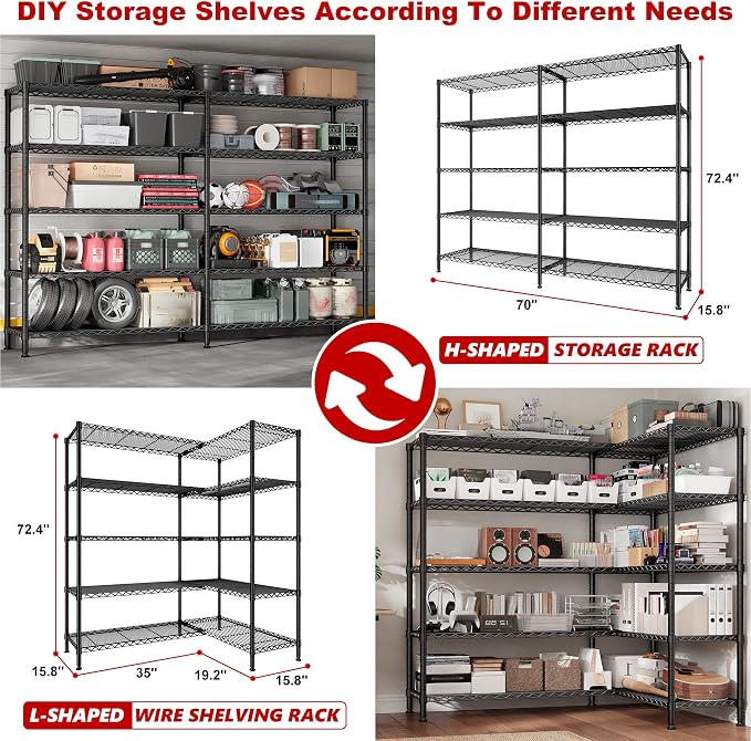 REIBII 70" W Storage Shelves Load 1600LBS,Metal Shelving 5-Tier Wire Shelving Unit Garage Shelving for Storage Adjustable Metal Shelves for Pantry Kitchen Garage Commercial, 70" W*15.8" D*72.4" H - Image 7