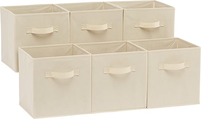 Amazon Basics Collapsible Fabric Storage Cubes Organizer with Handles, Sturdy Storage Bins for Organization, 10.5" x 10.5" x 11", Beige, 6-Pack by AmazonBasics
