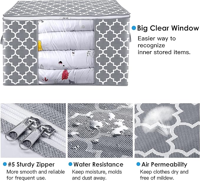 WISELIFE Storage Bags, Large Blanket Clothes Organization and Storage Containers for Bedding, Comforters, Foldable Organizer with Reinforced Handle, Clear Window,Sturdy Zippers,(Light Grey, 6 x 100L)