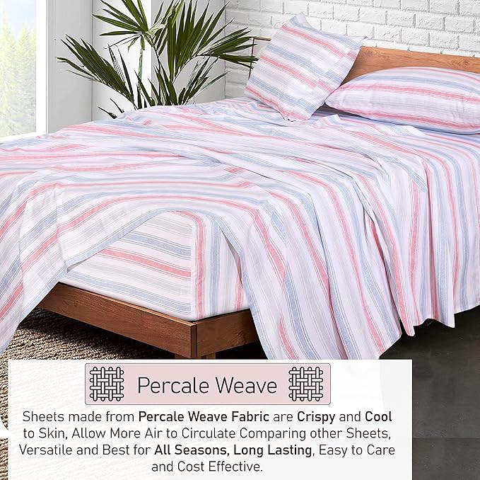RUVANTI 100% Cotton Sheets – Twin Size Percale Bedding, Cooling & Breathable Floral Design, Durable with a Crisp, Soft & Comfortable Feel, 16" Deep Pocket, 3-Piece Set, Times